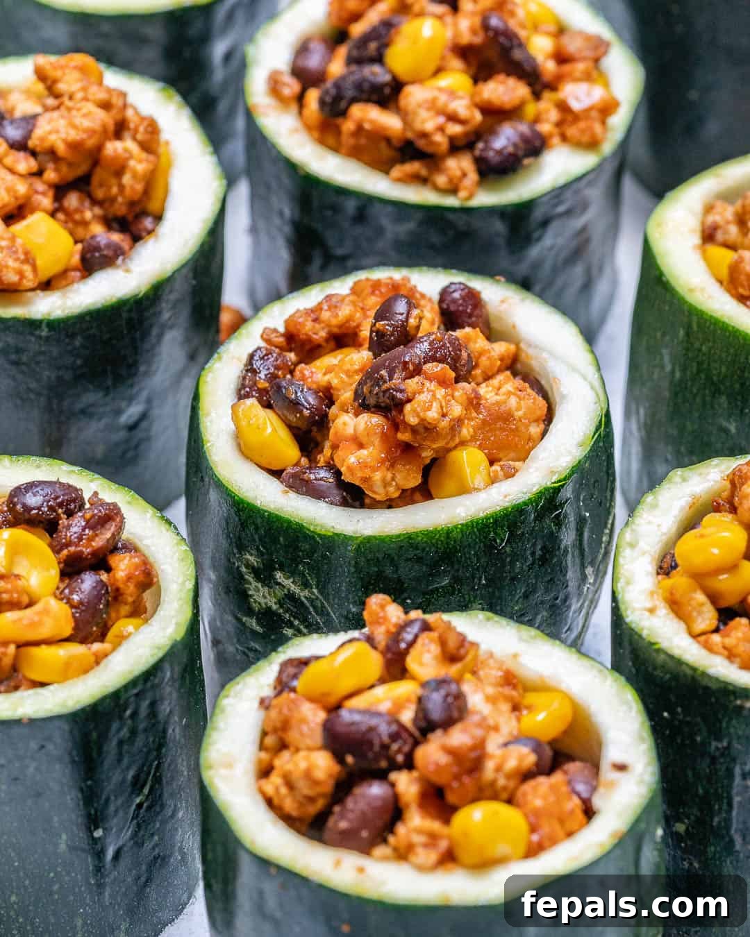 Loaded Zucchini Tacos 5 Cooked turkey taco mixture being spooned into hollowed zucchini cups.