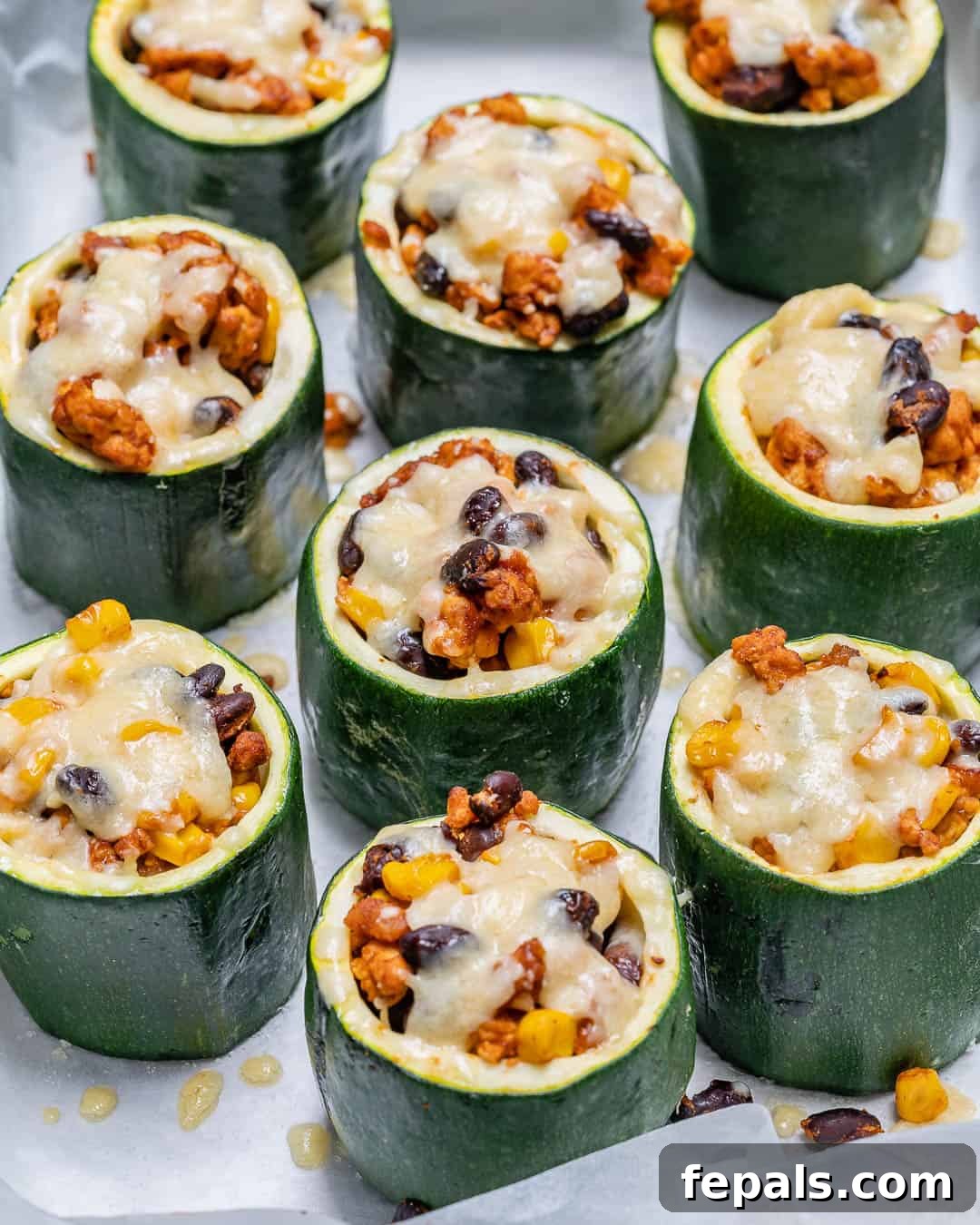 Loaded Zucchini Tacos 6 Taco Stuffed Zucchini Cups topped with shredded cheese, freshly melted and ready to serve.