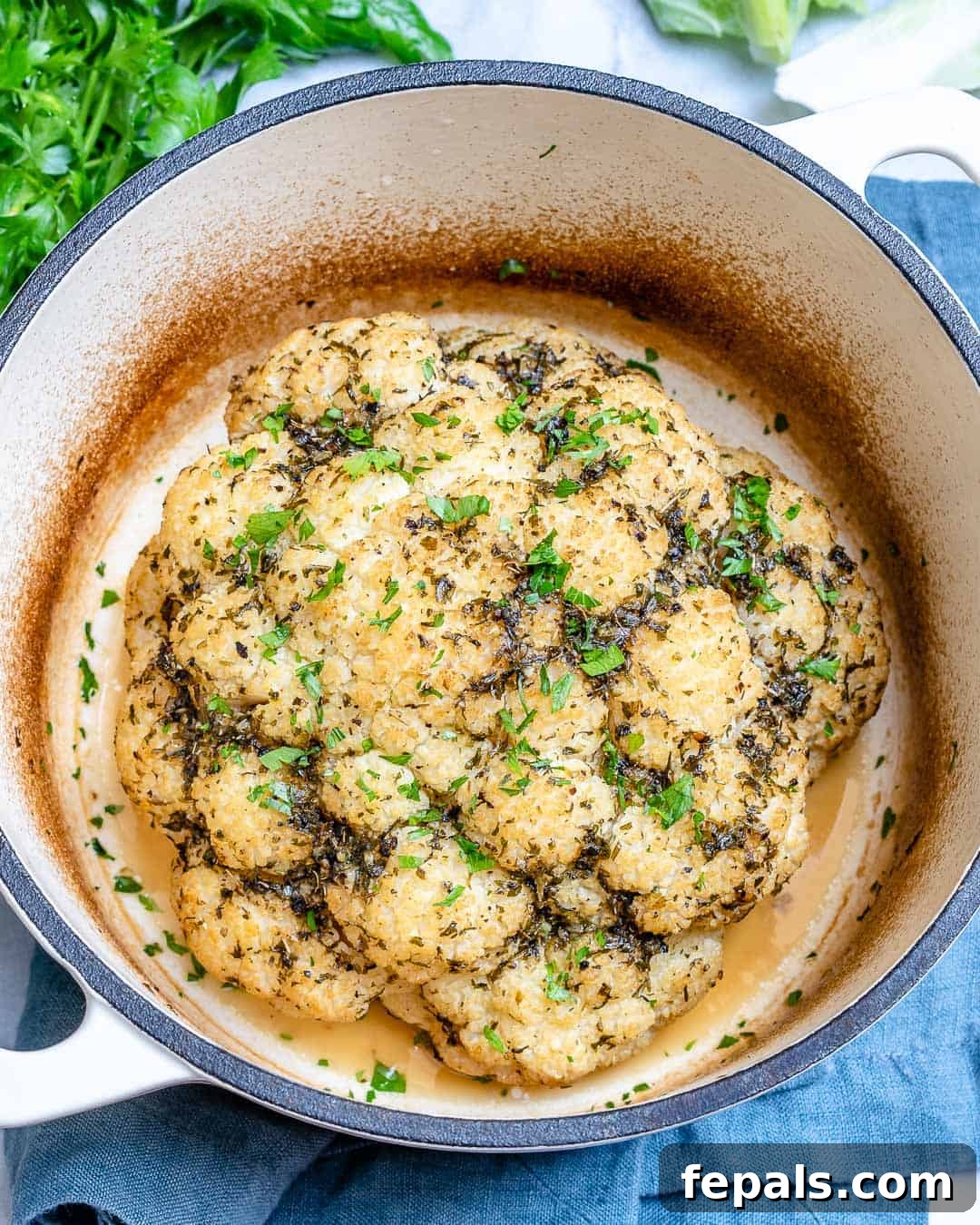 Beautifully roasted whole cauliflower ready to serve