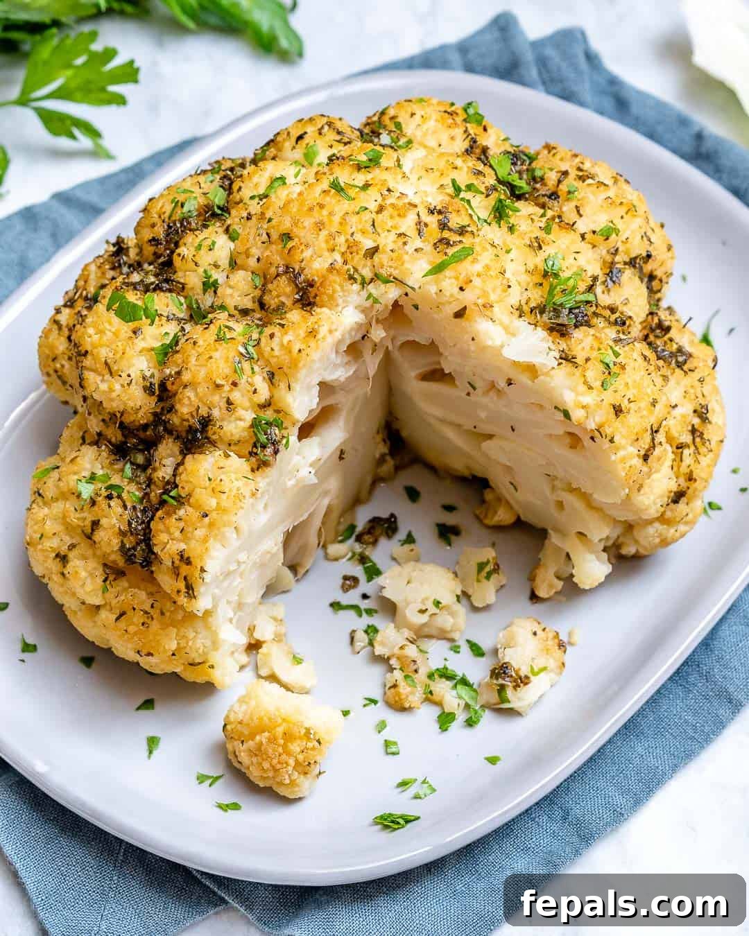 Close-up of perfectly roasted cauliflower with herbs