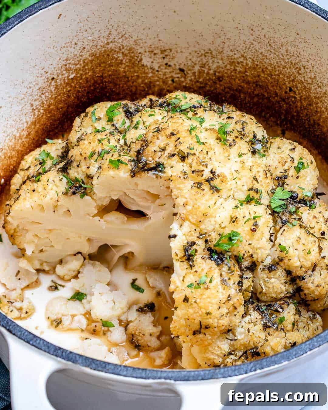 Oven baked cauliflower recipe showing golden brown crust
