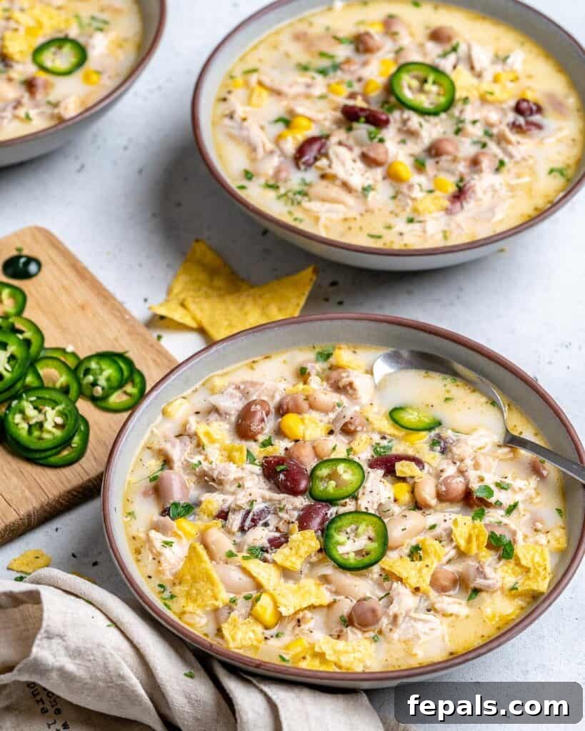 Creamy White Chicken Chili 10 side shot of 2 round bowls with chicken chili