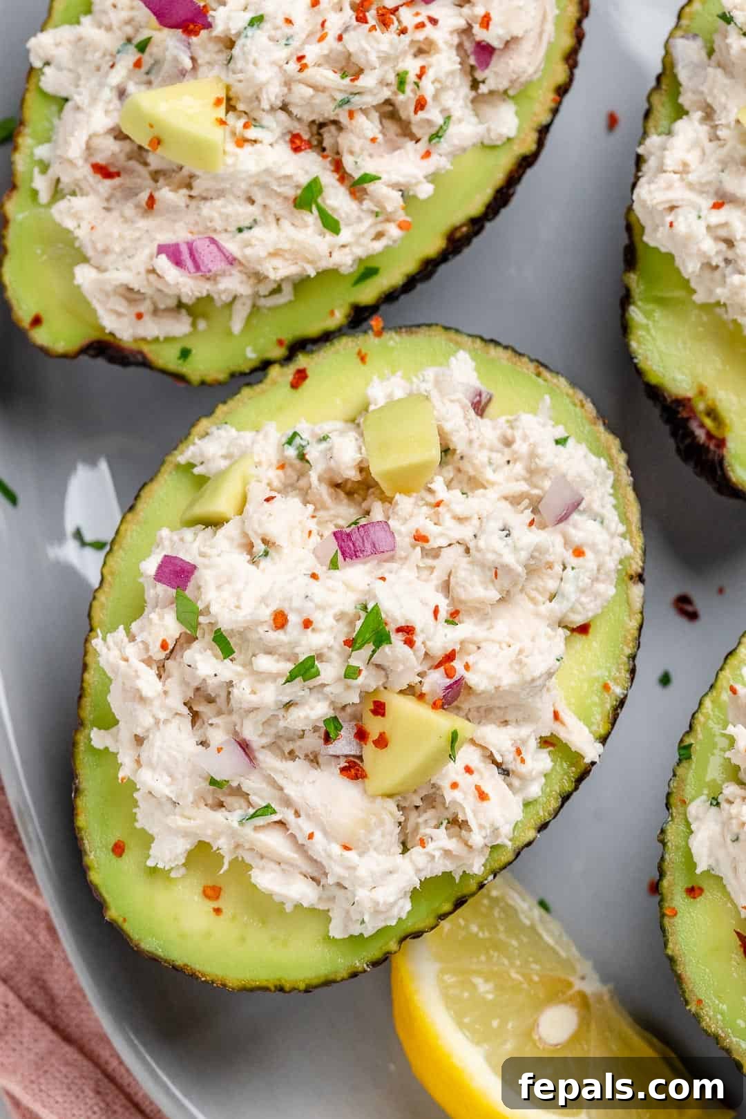 Wholesome Chicken Salad Avocado Boats 7 Top-down shot of healthy chicken salad in avocados, ready to be served.