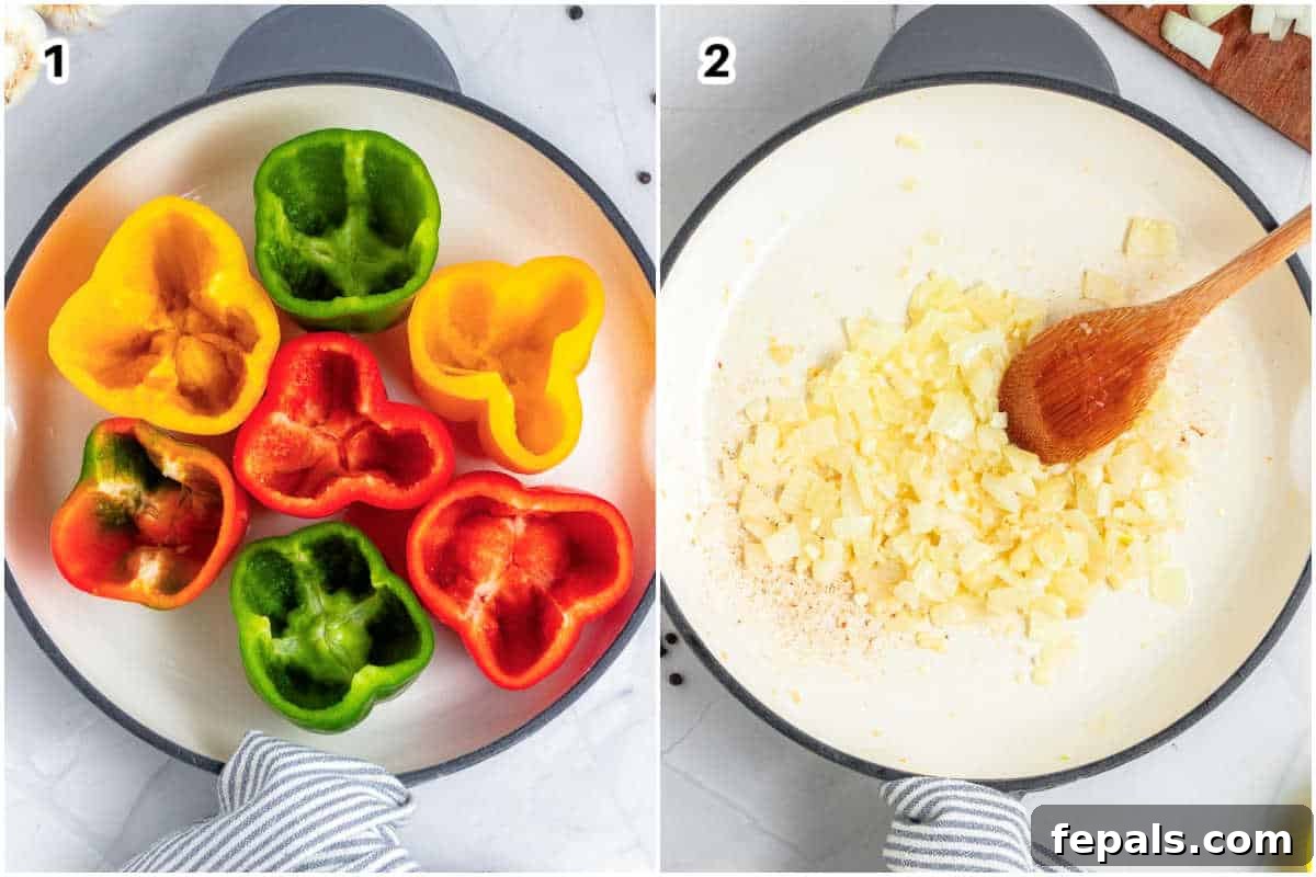 collage for sauteed onion in pan and unstuffed peppers in pan.