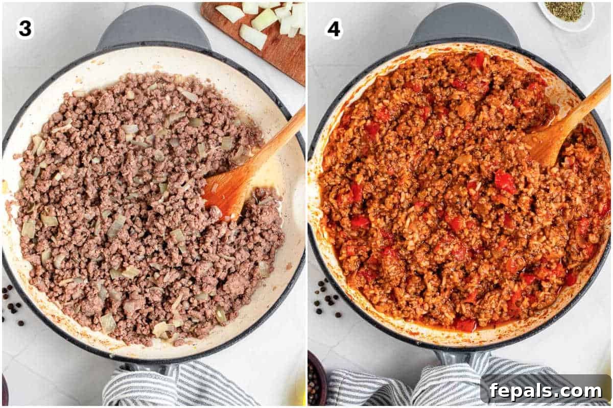 process shot for seared meat and cooked in tomato sauce in skillet. 
