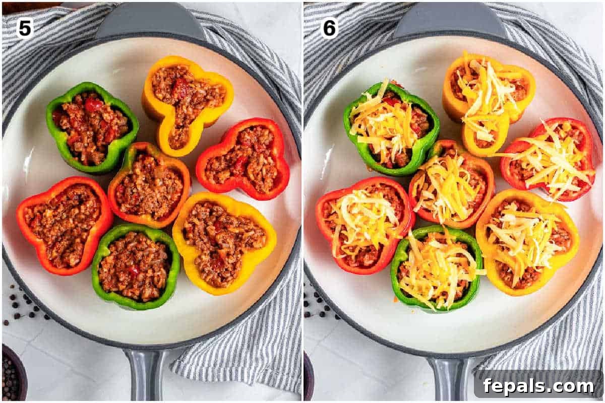 collage for stuffed peppers, and a skillet of stuffed peppers topped with shredded cheese. 