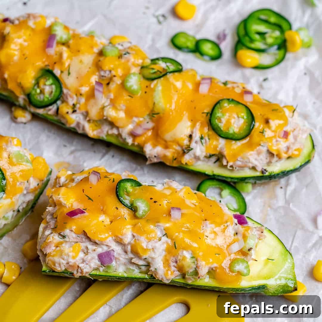 Cheesy Tuna Melt Zucchini Boats 4 Low carb tuna melt zucchini boats, a healthy twist on a classic.