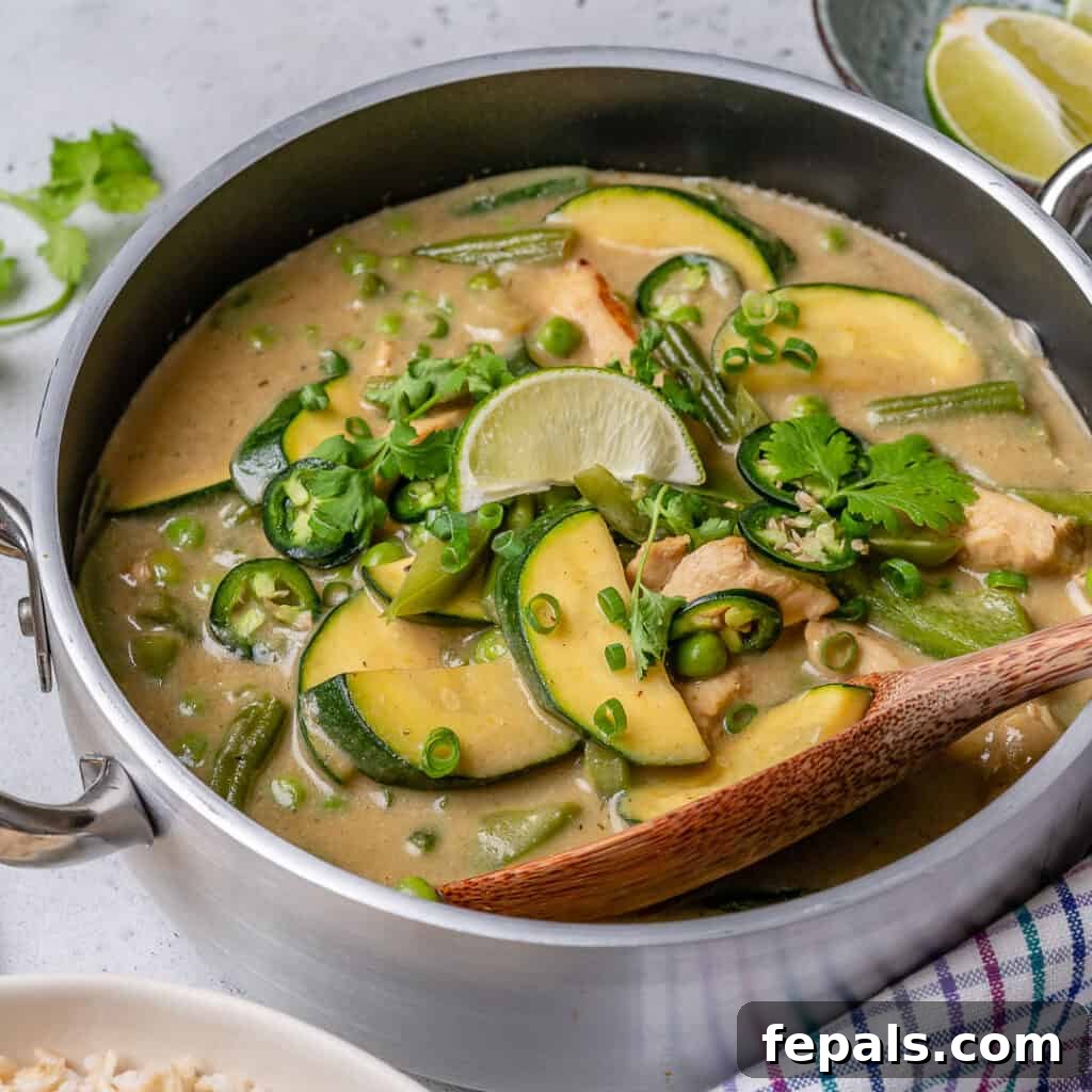 side shot of a stainless steel pan with chicken curry recipe with spoon in pan