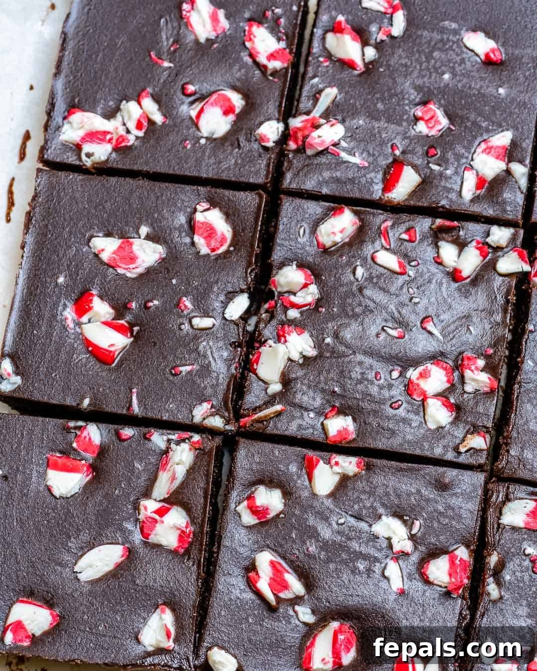 An overhead shot showcasing perfectly cut squares of chocolate peanut butter peppermint fudge, ready to be served.