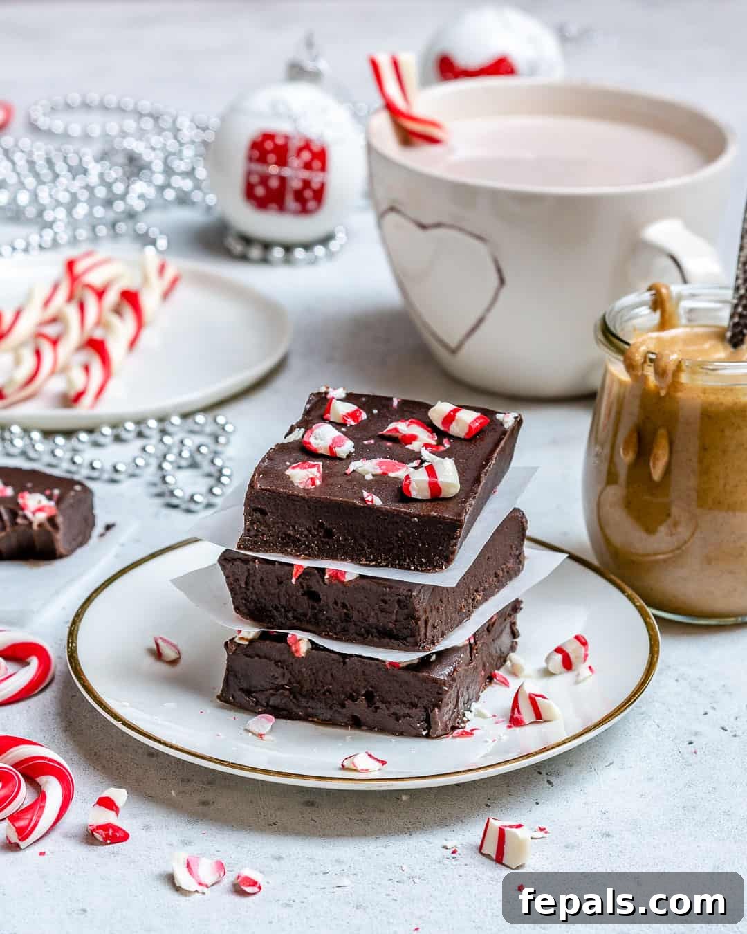 A charming plate with several delicious fudge squares, some topped with crushed peppermint.