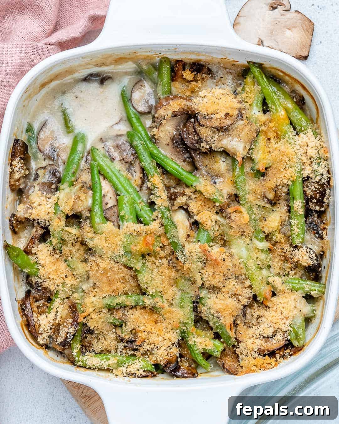 Wholesome Green Bean Delight 2 Easy homemade healthy green bean casserole in a white baking dish, ready to serve.