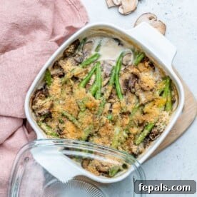 Wholesome Green Bean Delight 11 top view of white dish with green bean casserole