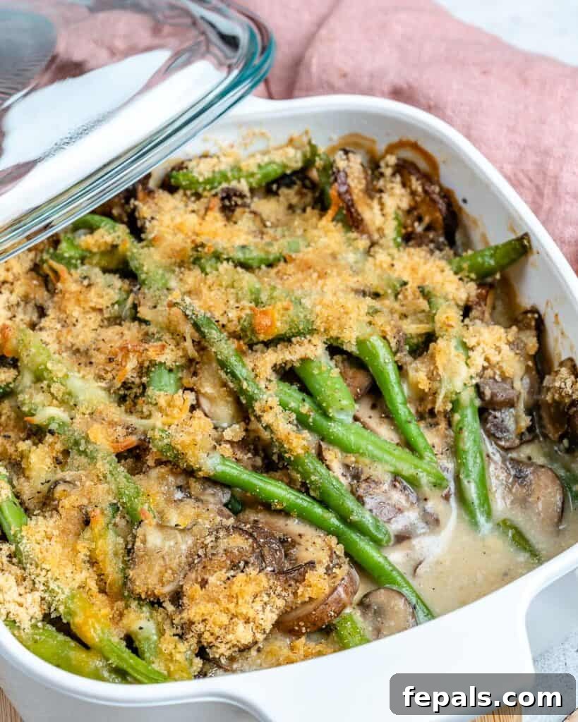 Wholesome Green Bean Delight 7 A dish of low-fat green bean casserole, topped with golden breadcrumbs.