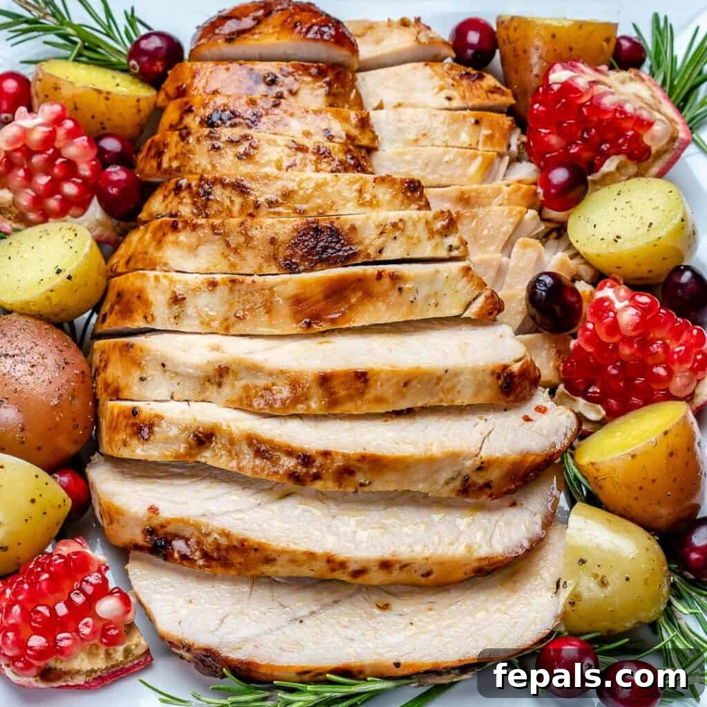 Side shot of baked turkey breast slices with a side of sliced potatoes, fresh rosemary and pomegranate arils on the side of the turkey slices