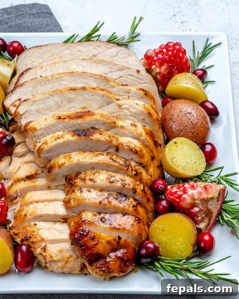 side shot of sliced roasted turkey breast with side potatoes as garnish for food styling