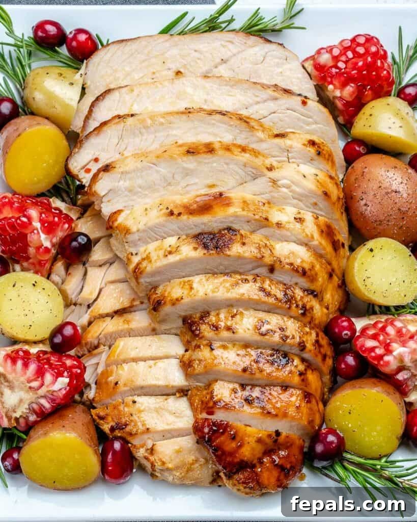 side shot of slices of turkey breast on a white plate garnished with baked baby potatoes