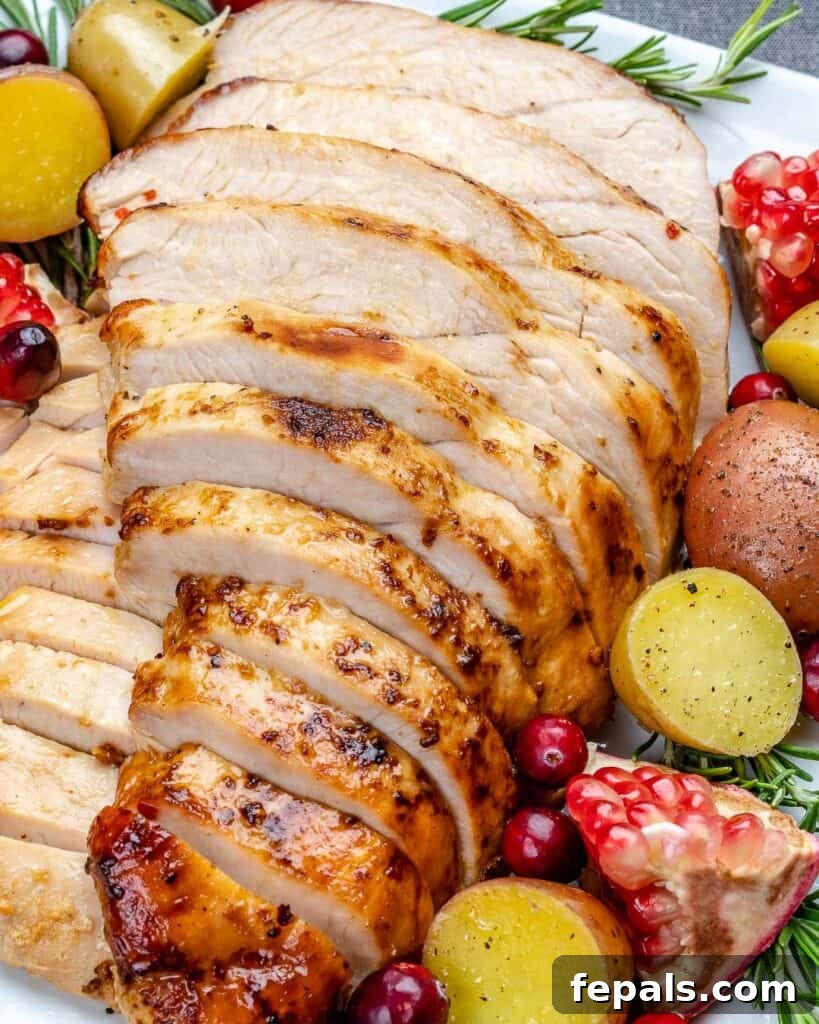 Close up of sliced cooked turkey breast with baby potatoes and fresh pomegranate arils to the side of it