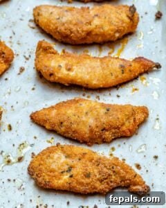 Four baked chicken tenders arranged on a sheet pan, hot from the oven.