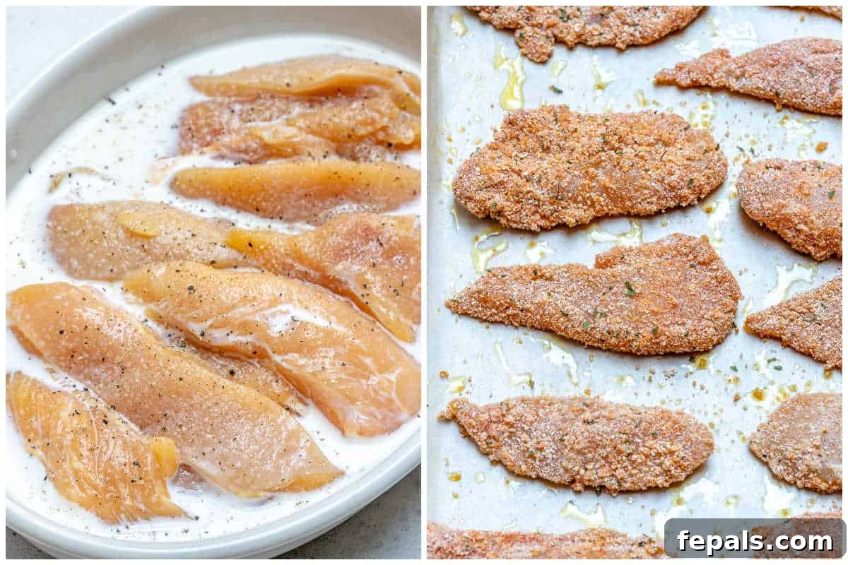 Process shot showing raw chicken strips soaking in a marinade and then being coated with breadcrumbs in a bag.