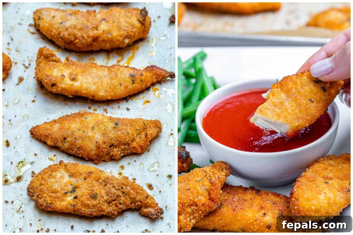 Process shot illustrating how to bake the chicken tenders and how they are served on a plate.