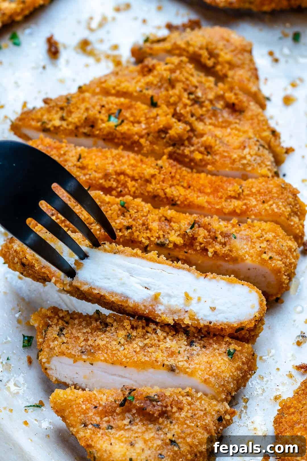 Golden Baked Chicken Cutlets 12 close up of sliced baked chicken strips recipe on a white plate