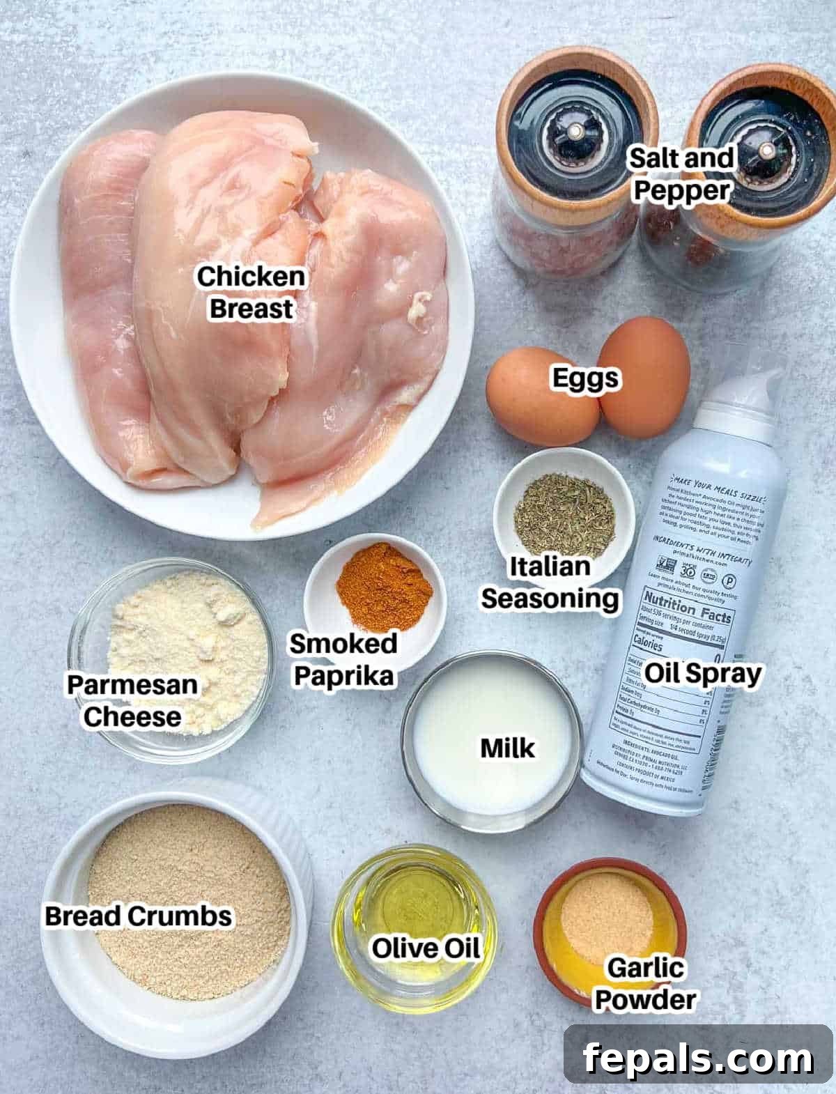 Golden Baked Chicken Cutlets 3 ingredients laid out to make chicken cutlets, including chicken breasts, eggs, breadcrumbs, and spices