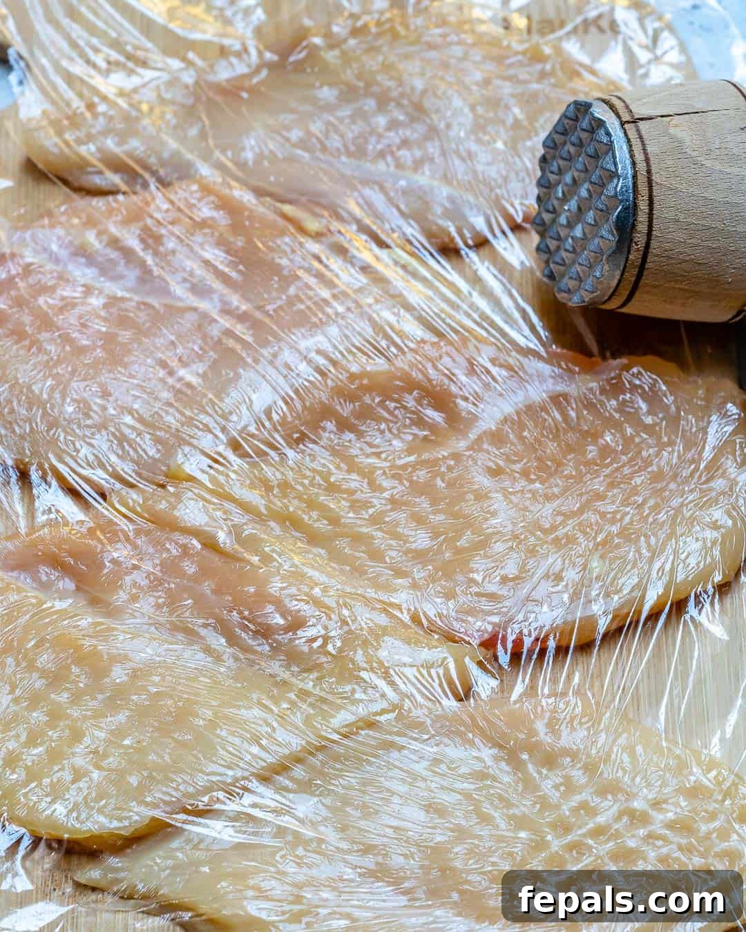 Golden Baked Chicken Cutlets 5 Chicken breast being pounded to an even thickness with a meat mallet, covered with plastic wrap