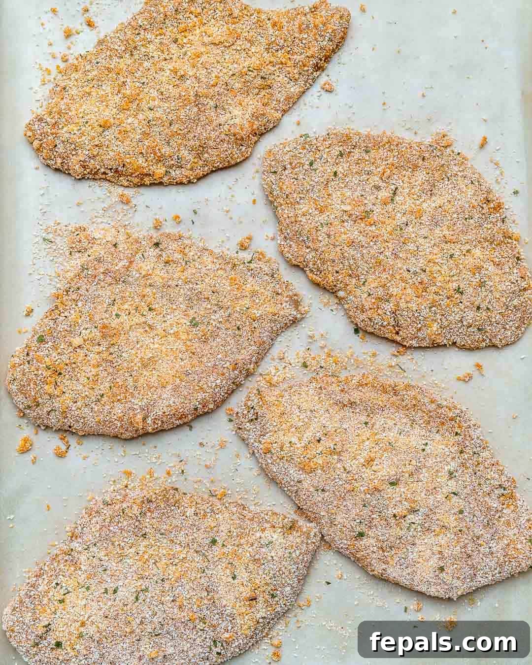 Golden Baked Chicken Cutlets 8 breaded chicken cutlets arranged on a parchment-lined baking sheet, ready for baking