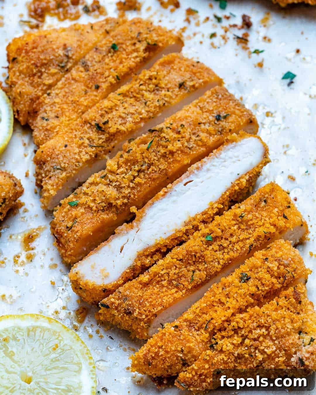 Golden Baked Chicken Cutlets 10 crispy baked chicken tenders sliced into strips on a cutting board