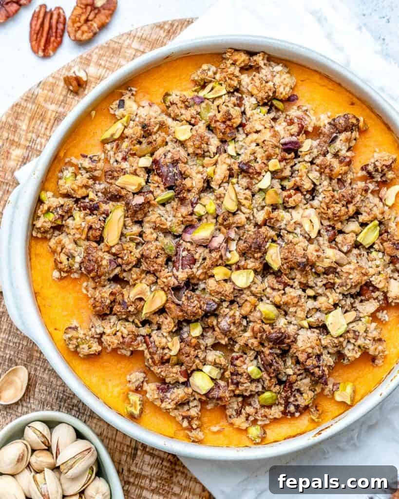 top view of sweet potato casserole in a white dish
