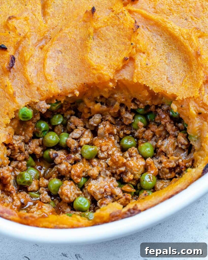 Wholesome Sweet Potato Shepherd's Pie 9 close up view of portion take off sweet potato shepherd's pie
