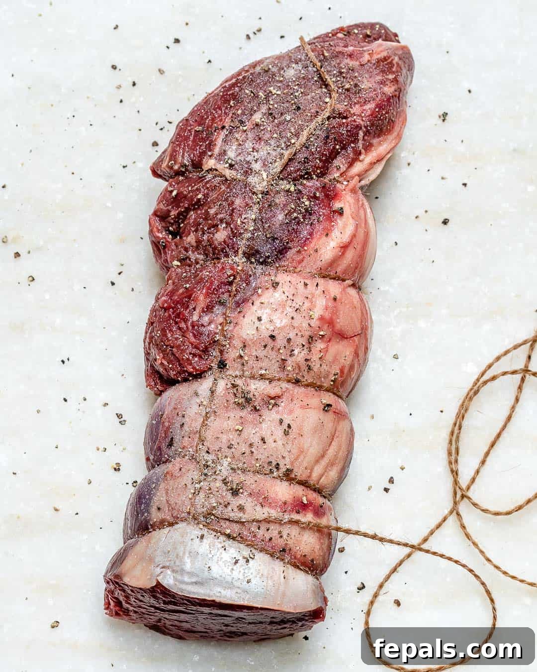Aromatic Garlic Beef Tenderloin 3 Beef tenderloin tied with rope and seasoned with salt and pepper.