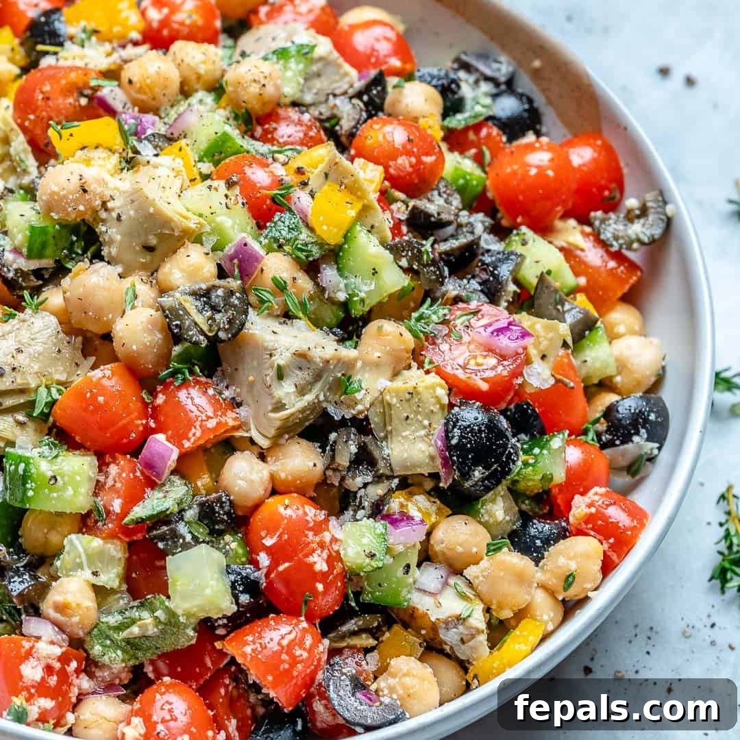 Close-up of Mediterranean Chickpea Salad, showcasing its vibrant ingredients.