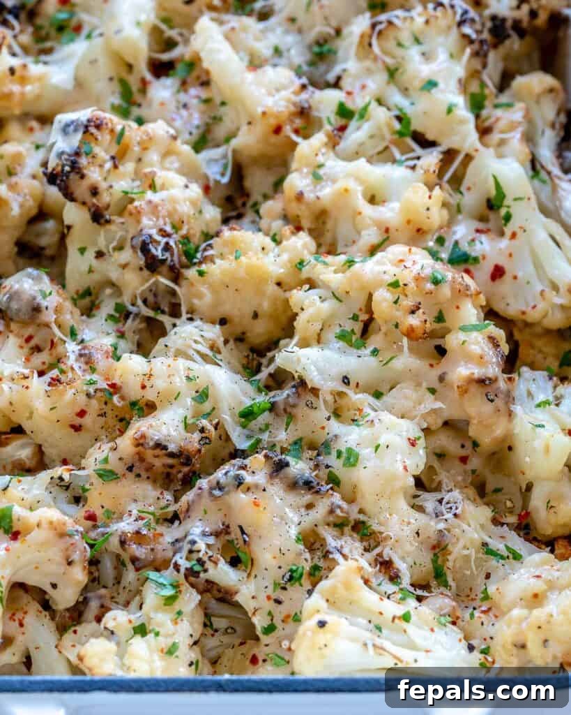 top view of a baking dish with cheesy baked cauliflower