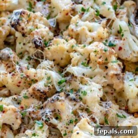 top view of a baking dish with cheesy baked cauliflower