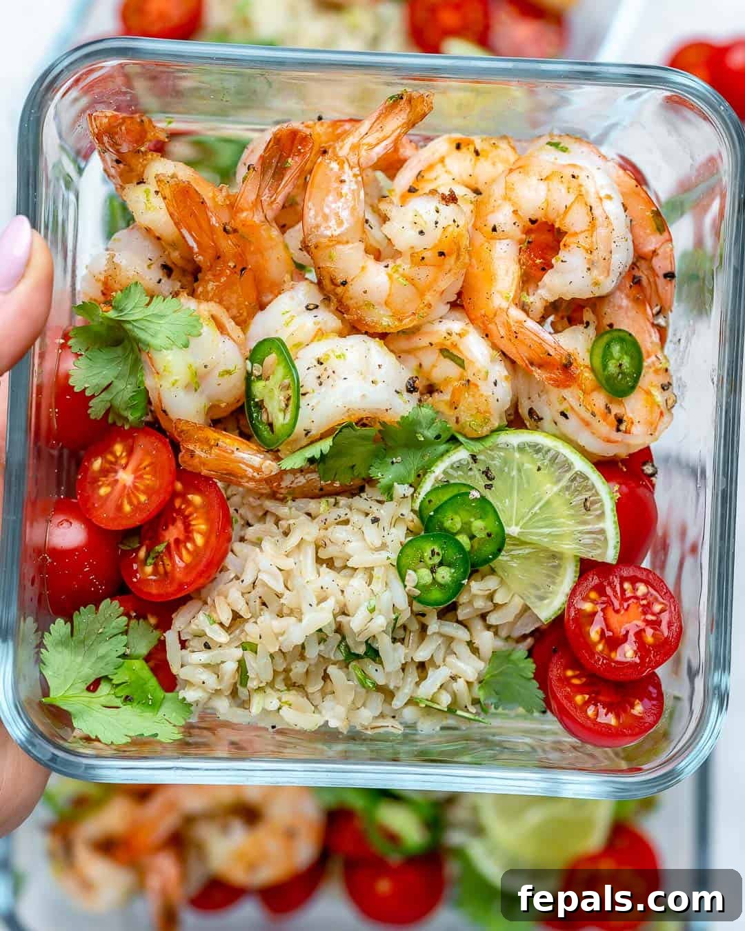 Savory Garlic Shrimp Meal Prep 3 An appetizing close-up of a meal prep container, showcasing plump, golden-brown sautéed shrimp nestled beside a generous portion of cilantro lime brown rice, garnished with vibrant chopped cherry tomatoes.