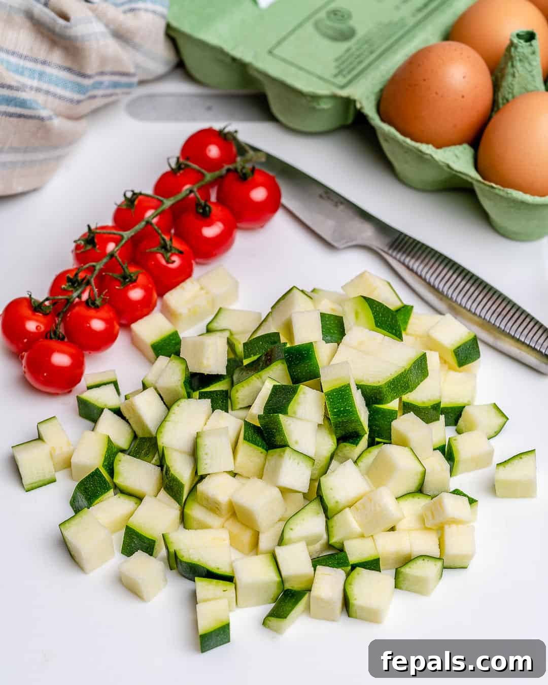 Chopped zucchini and tomatoes on a sheet pan, ready for the quiche mixture.