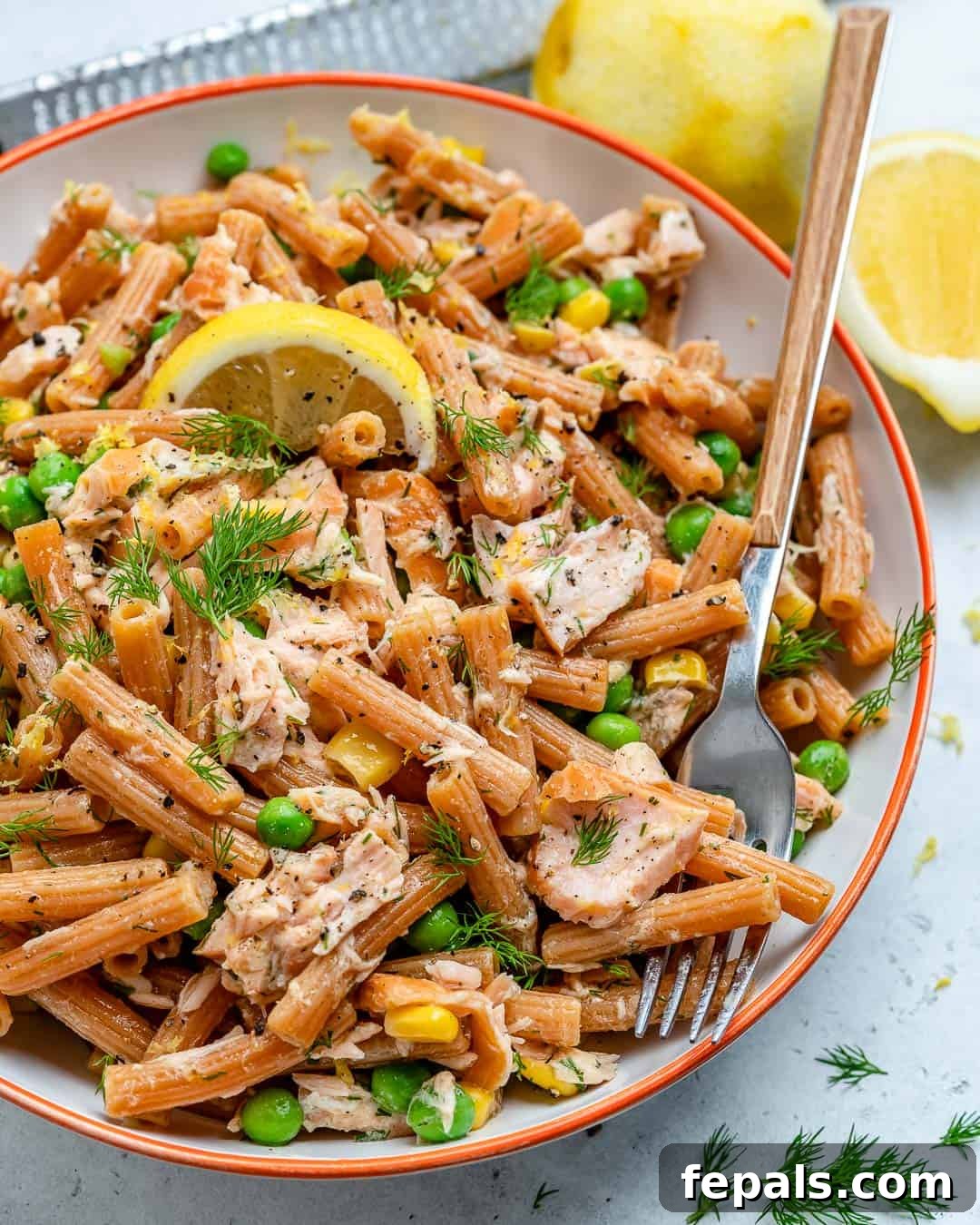Healthy and easy pasta salad made with lentil pasta, colorful and appealing