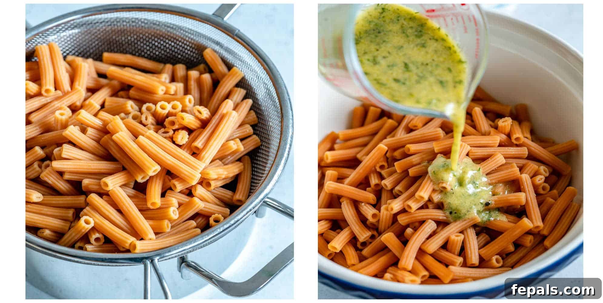 Cooked pasta being rinsed under cold water for salmon pasta salad