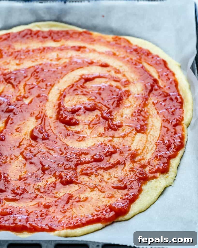 A thin, uncooked pizza dough base is generously covered with vibrant tomato sauce, awaiting additional toppings and baking.