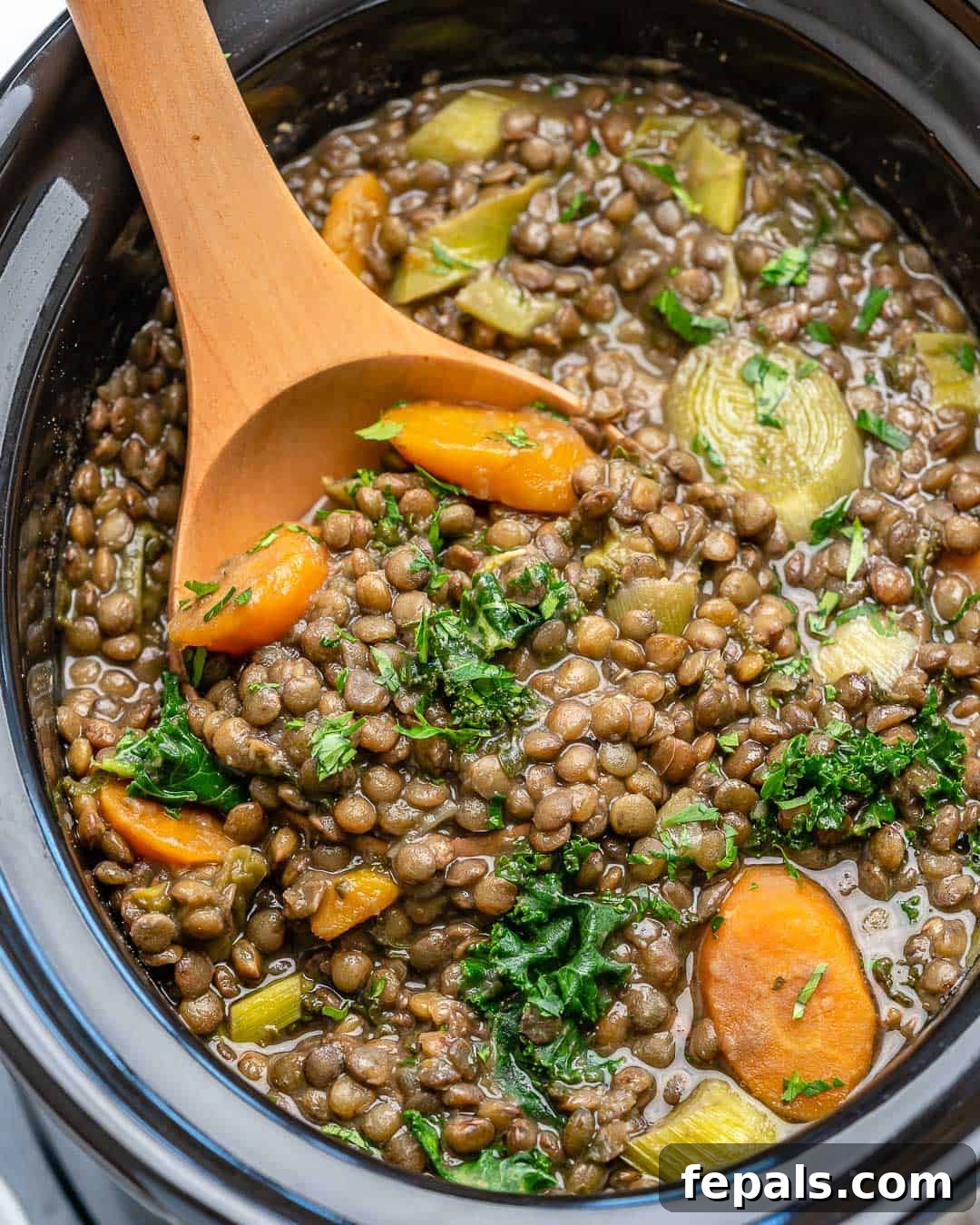 Nourishing Vegan Lentil Soup 2 A large pot of rich green lentil soup in a slow cooker, brimming with tender kale and chopped carrots, with a wooden spoon resting inside. The scene evokes warmth and home-cooked goodness, promising a comforting meal.