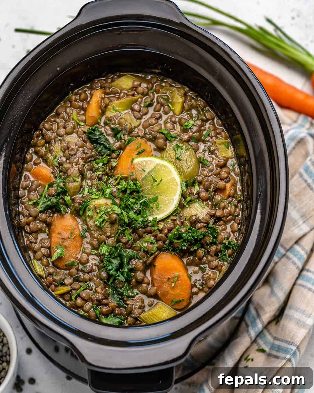 Nourishing Vegan Lentil Soup 3 A close-up shot of a slow cooker filled with vibrant green whole lentil soup, showing visible pieces of carrots and kale, promising a nutritious and comforting meal.
