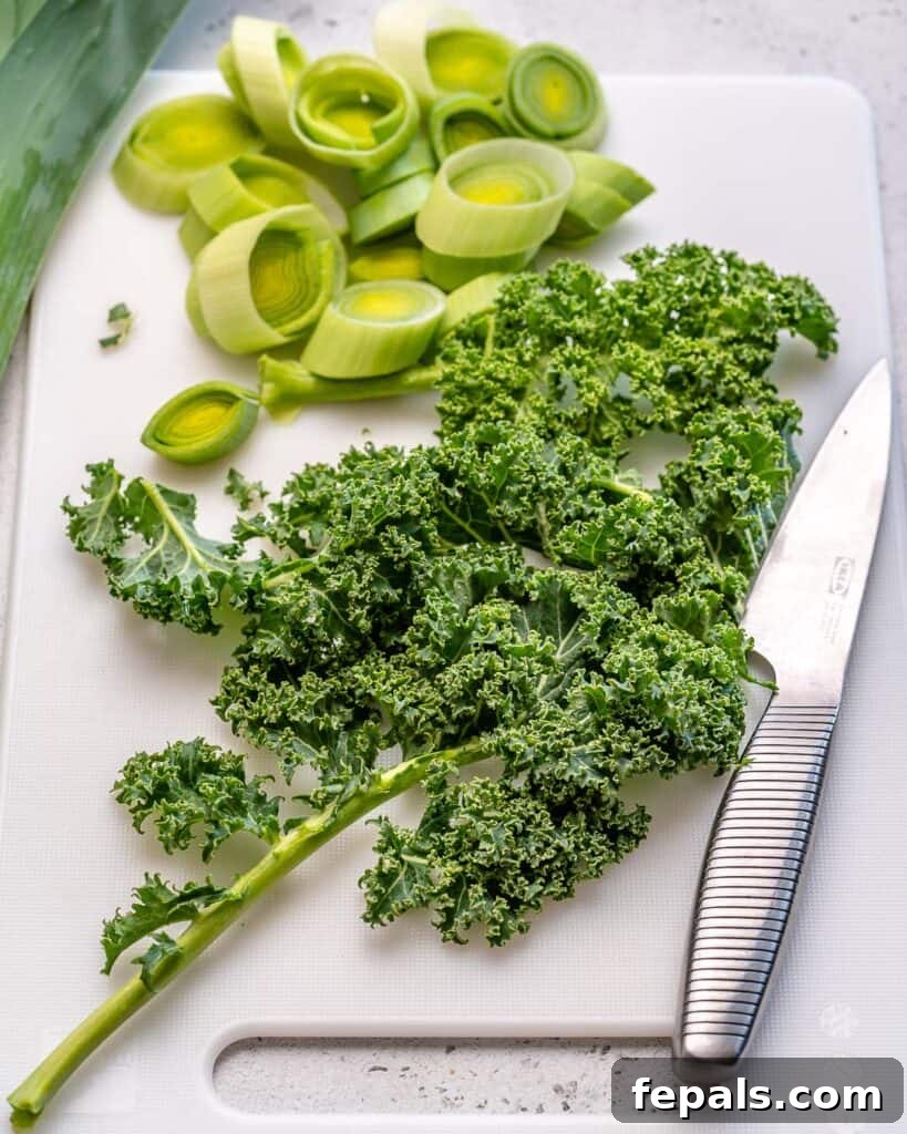 chopped kale and leeks for green shakshuka