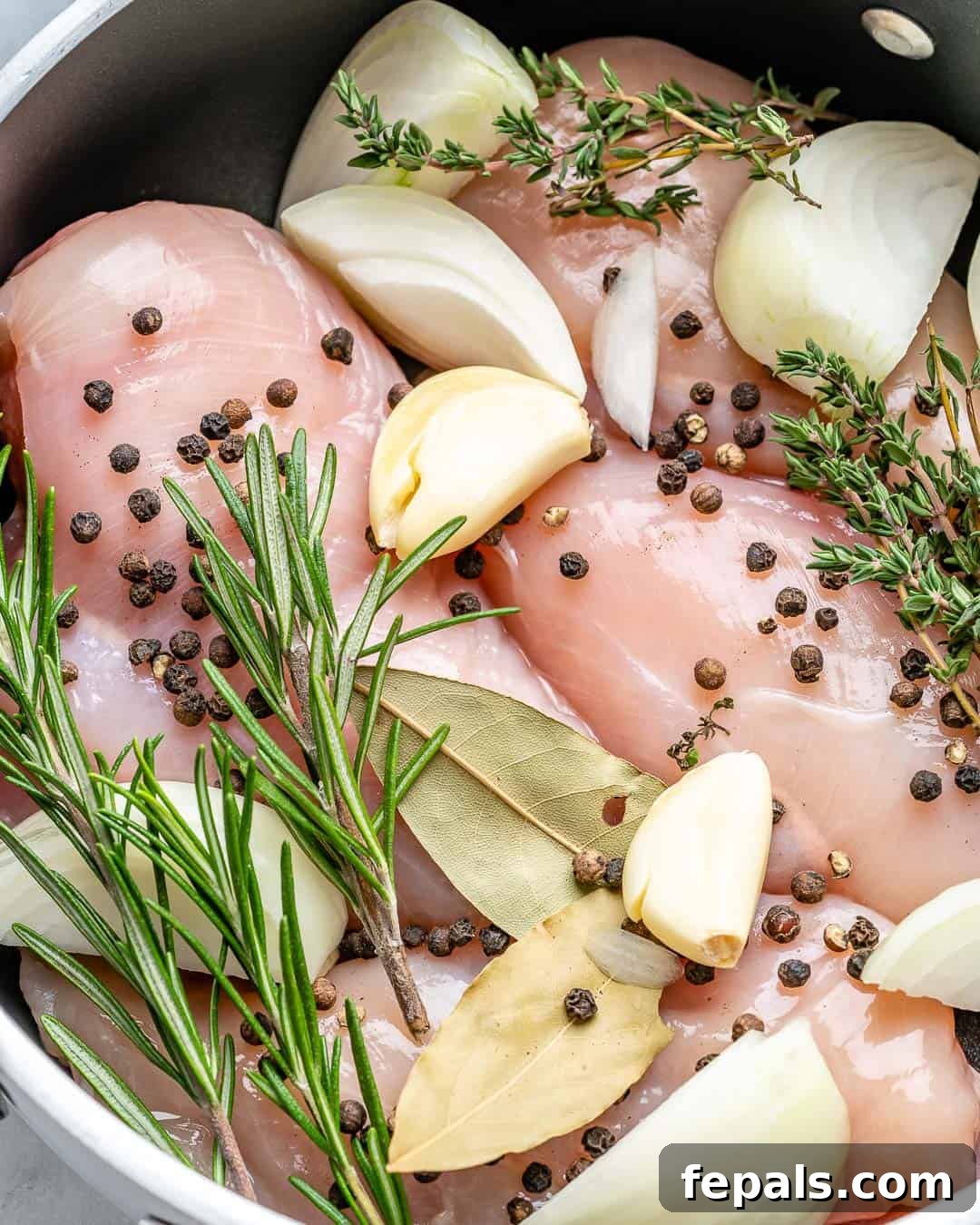 Perfectly Poached Chicken Every Time 4 Add chicken breasts, onion, garlic, and peppercorn to pan.