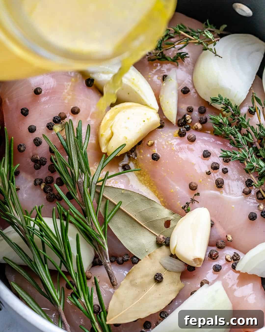 Perfectly Poached Chicken Every Time 5 Add enough chicken broth to cover the solids.