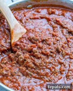 cooked meat sauce in a pan.