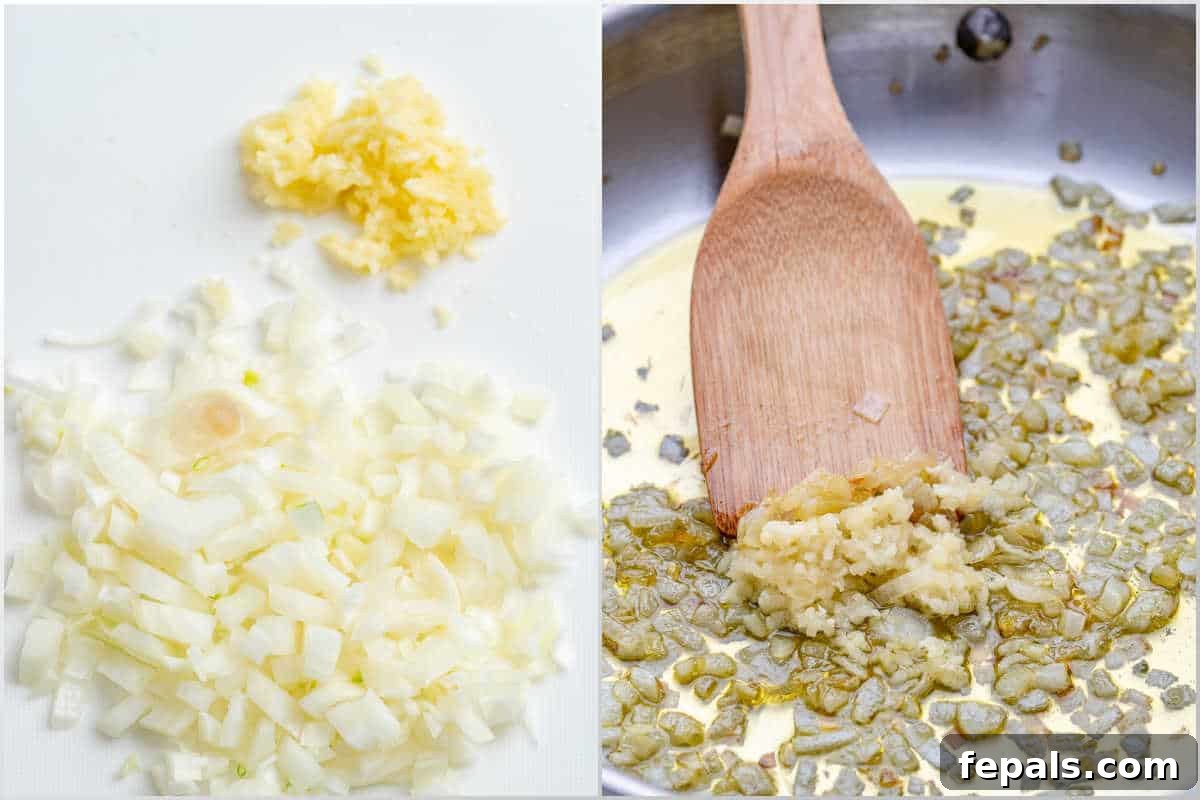 process of cooking the onion and garlic for meat sauce.