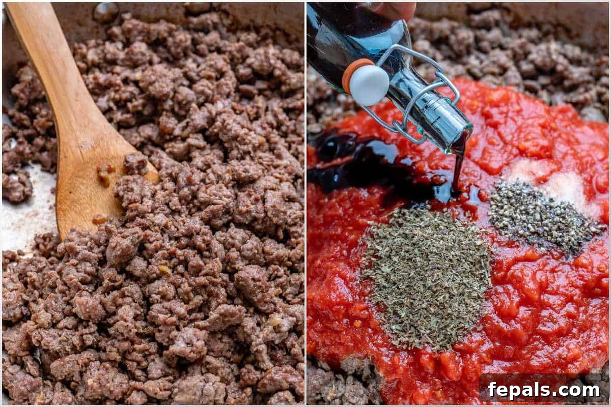 process of cooking the meat and adding tomato sauce.