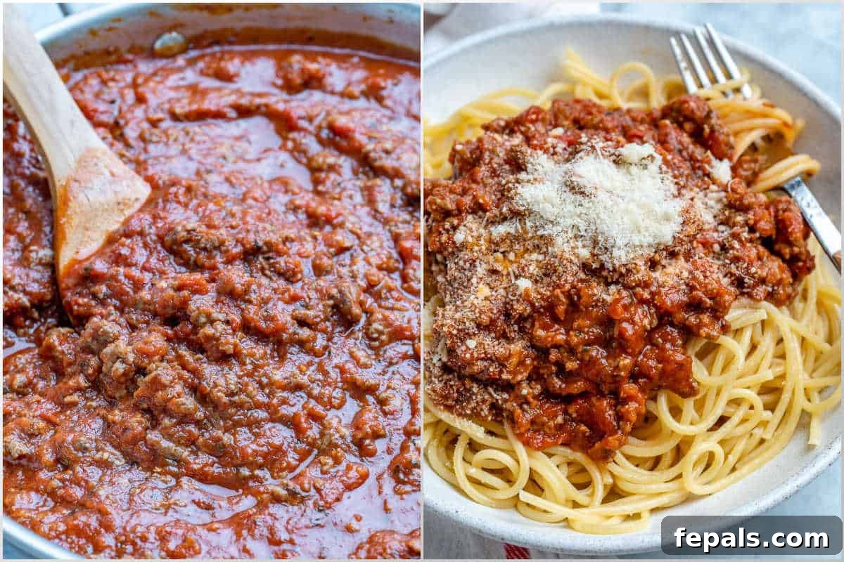 process of finishing the meat sauce in pan and adding it over spaghetti on a dish.