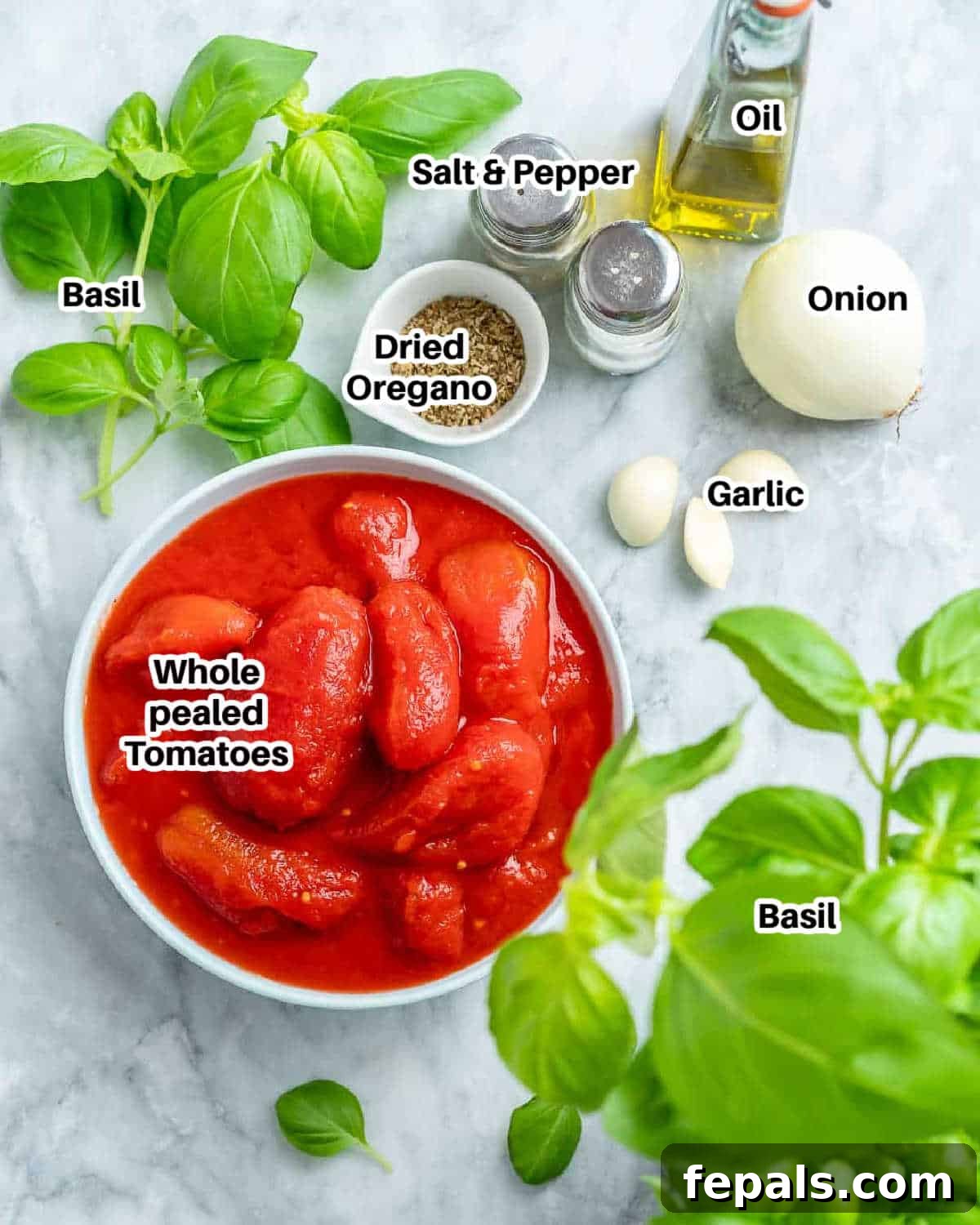 A selection of fresh ingredients including canned tomatoes, garlic, onion, and herbs laid out for marinara sauce preparation.